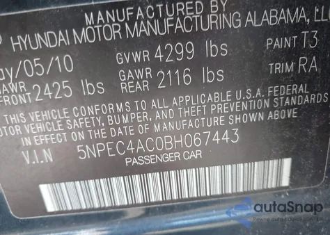 2011 Hyundai Sonata Se z USA, uszkodzony, nr VIN 5NPEC4AC0BH067443